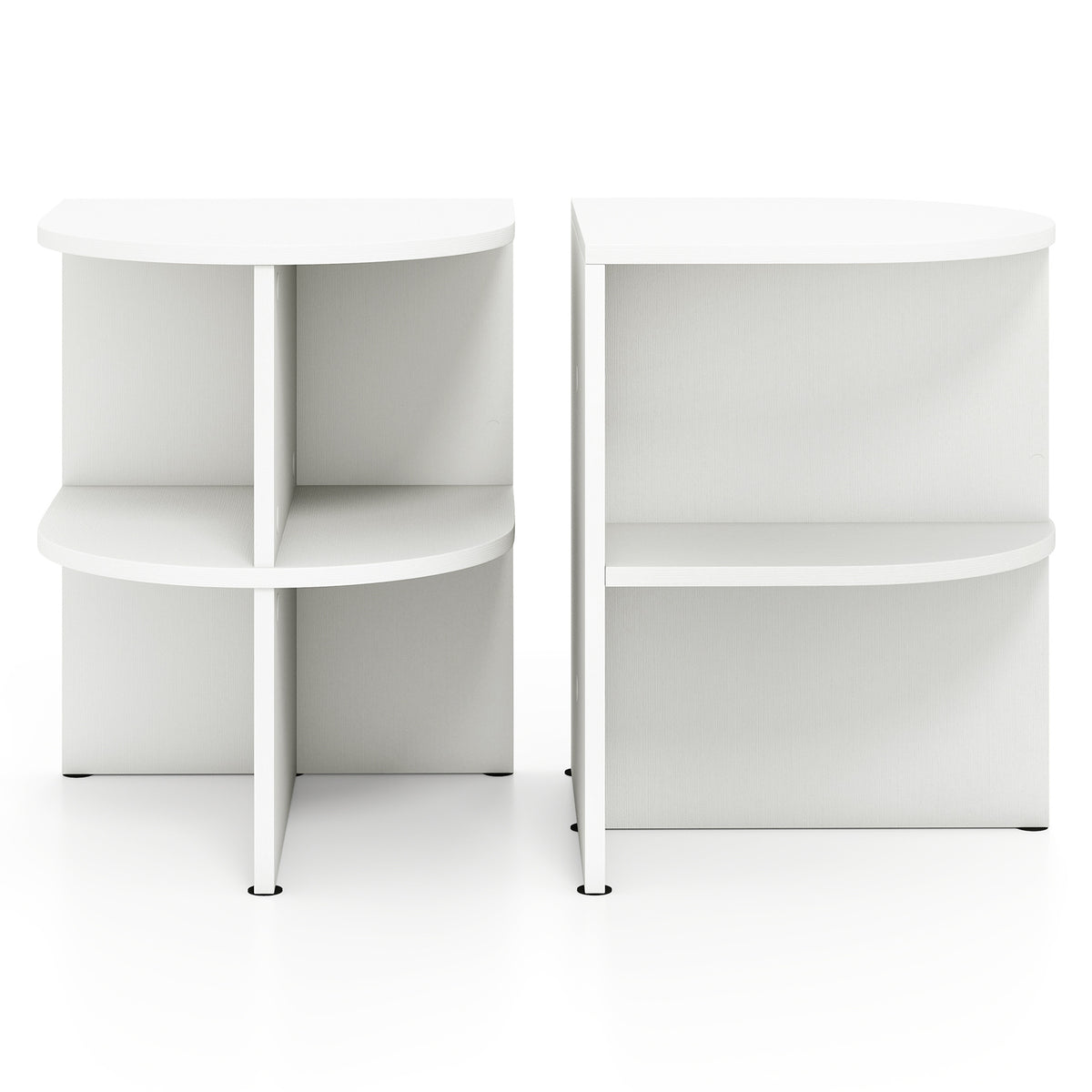 Two white half round end tables shown separately