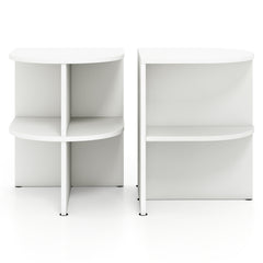 Two white half round end tables shown separately
