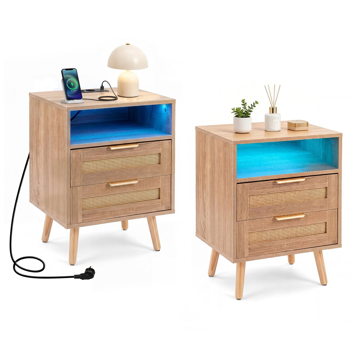 2 Pack LED Lights Rattan Bedside Table with Charging Station 2 Drawers