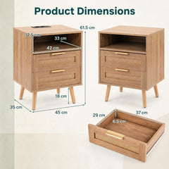 2 Pack LED Lights Rattan Bedside Table with Charging Station 2 Drawers