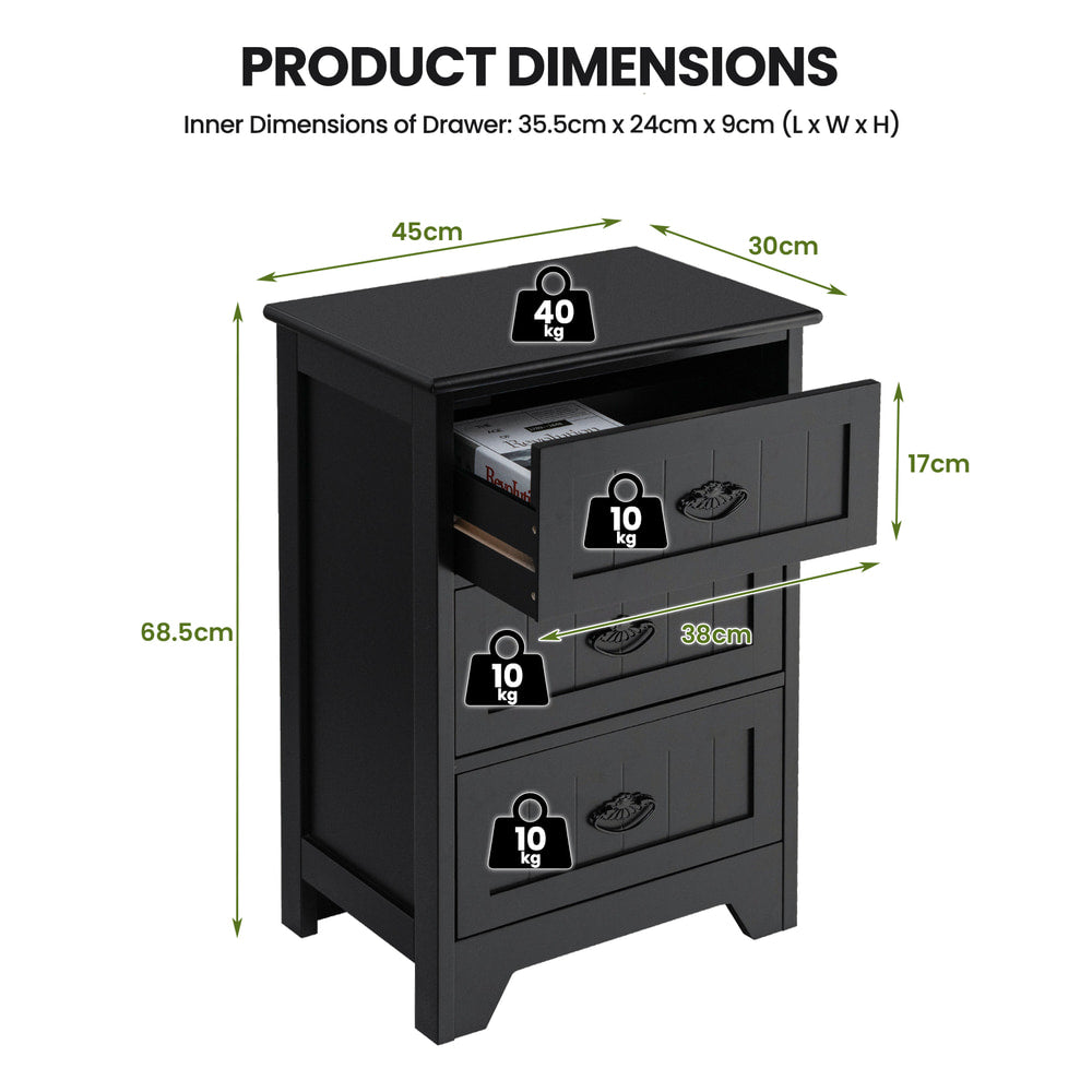 Black vintage nightstand with dimensions and weight capacity for each drawer