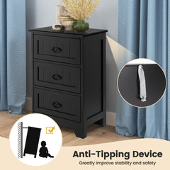 Black vintage nightstand with anti-tipping device attached to the wall
