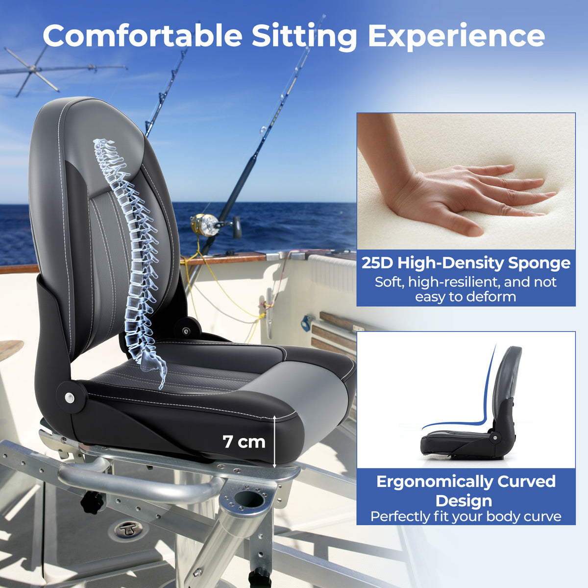 2-Pack Folding High Back Boat Seats with Waterproof PVC Leather and Thick Sponge Padding-Black