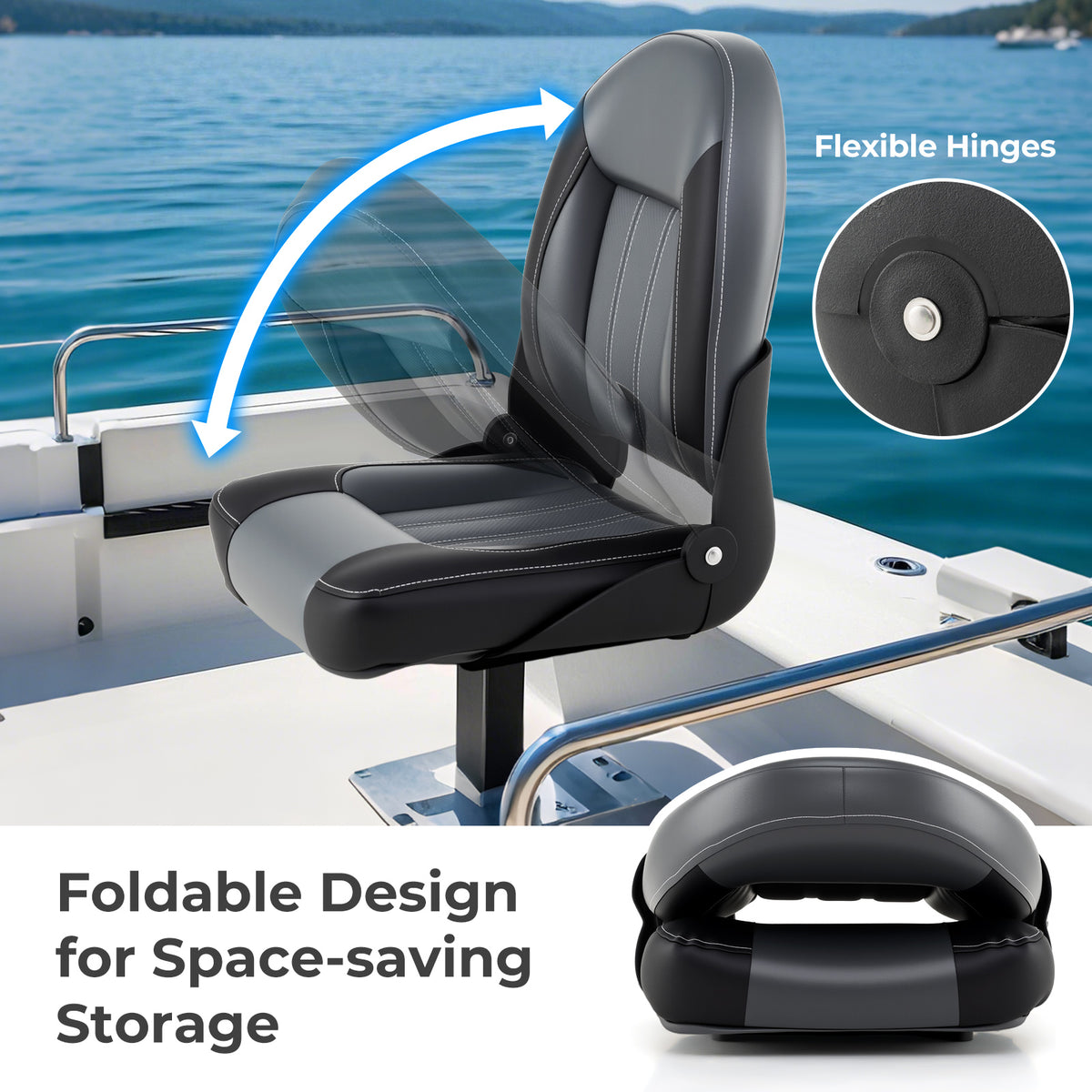 2-Pack Folding High Back Boat Seats with Waterproof PVC Leather and Thick Sponge Padding-Black