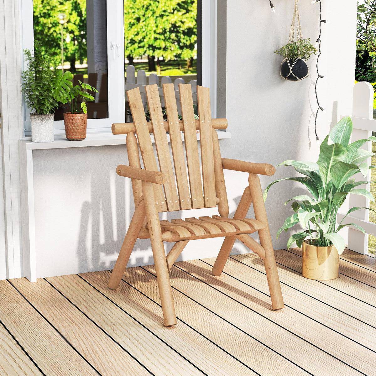 2-Person Fire Pit Lounge Chair with Slatted Backrest Built-in Armrest and Curved Seat-Natural