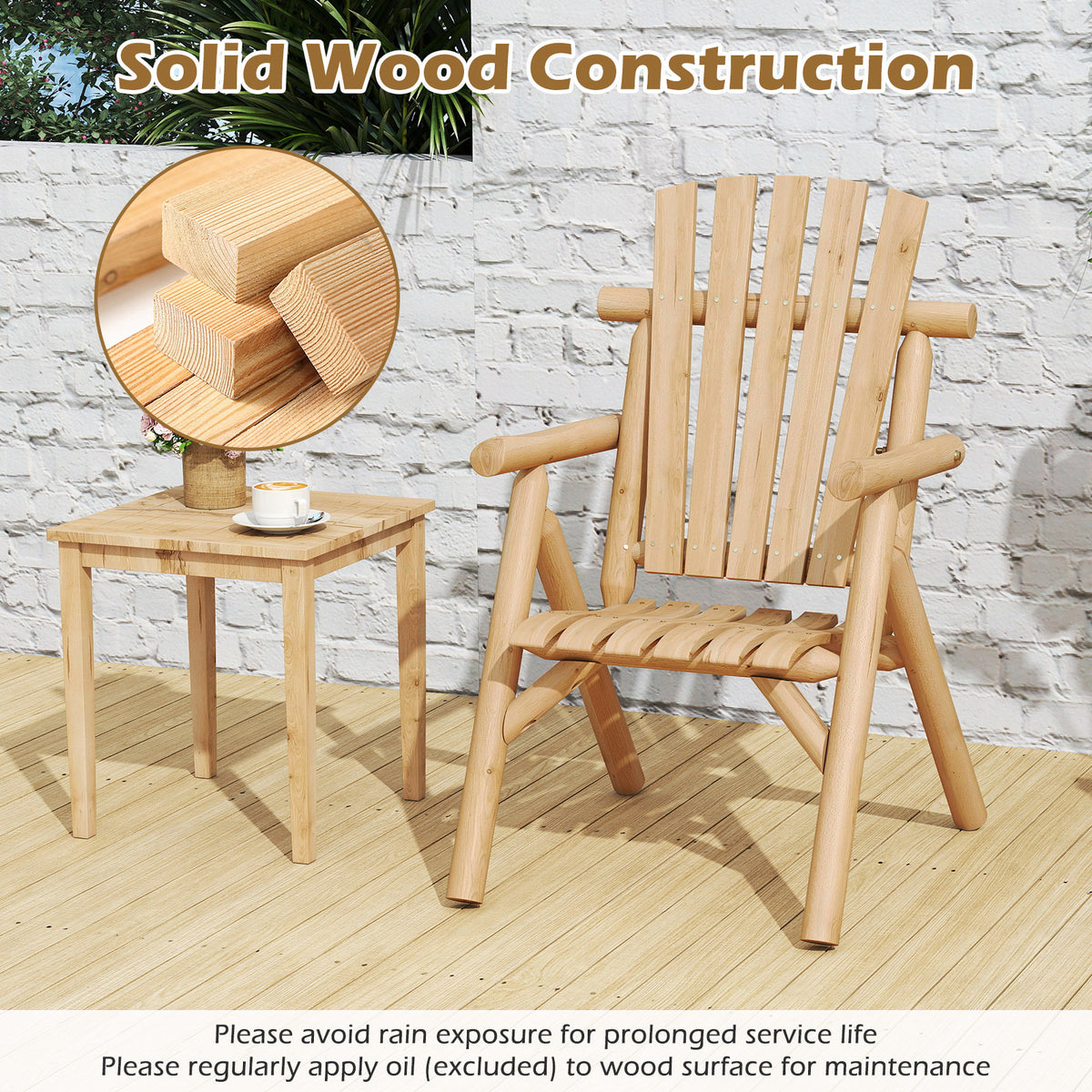 2-Person Fire Pit Lounge Chair with Slatted Backrest Built-in Armrest and Curved Seat-Natural
