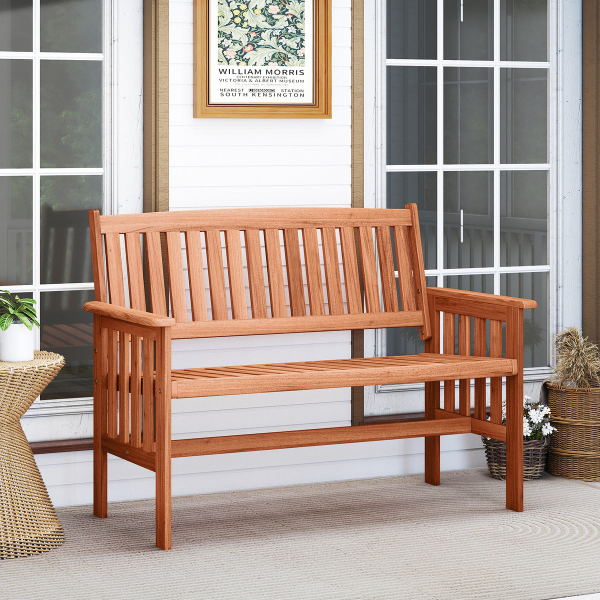 2-Person Outdoor Wood Garden Bench with Backrest Armrests and Slatted Seat
