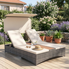 2-Person Rattan Sun Lounger with Canopy and Central Table-Beige