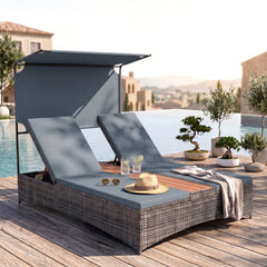 2-Person Rattan Sun Lounger with Canopy and Central Table-Grey
