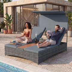 2-Person Rattan Sun Lounger with Canopy and Central Table-Grey