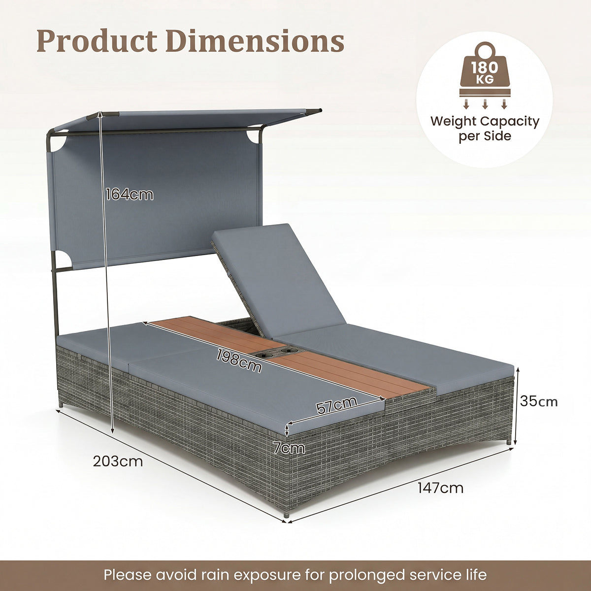 2-Person Rattan Sun Lounger with Canopy and Central Table-Grey