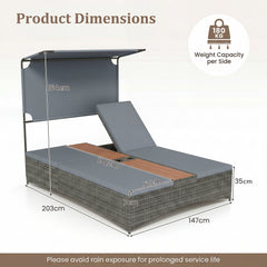 2-Person Rattan Sun Lounger with Canopy and Central Table-Grey