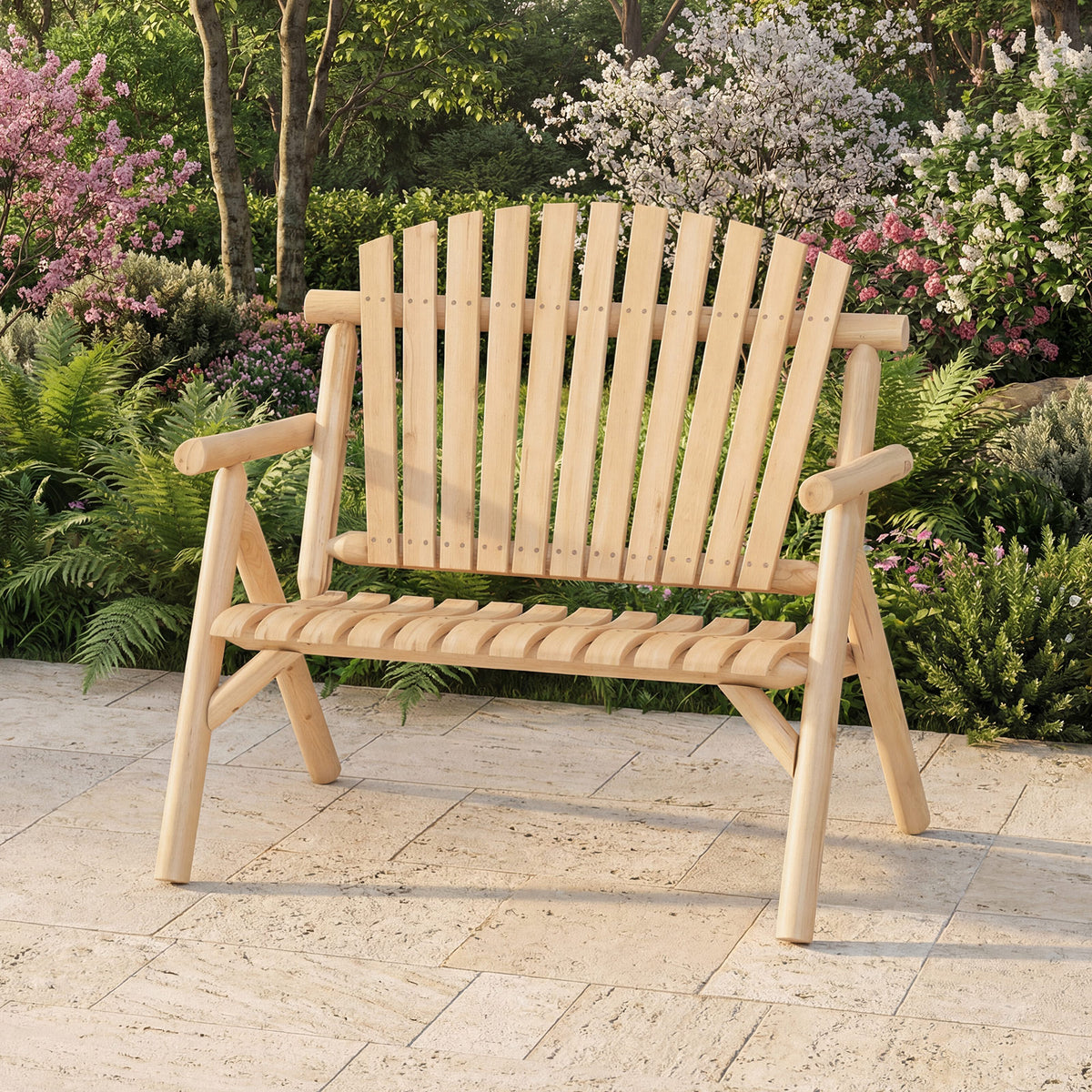 2-PersonLog Wood Patio Bench with Slatted Backrest Built-in Armrest and Curved Seat-Natural