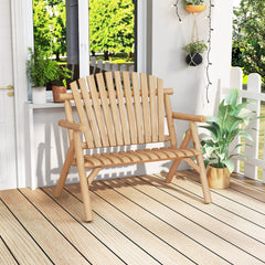 2-PersonLog Wood Patio Bench with Slatted Backrest Built-in Armrest and Curved Seat-Natural