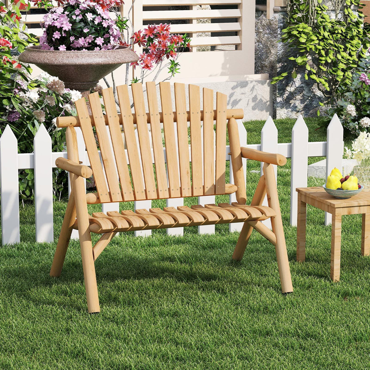 2-PersonLog Wood Patio Bench with Slatted Backrest Built-in Armrest and Curved Seat-Natural