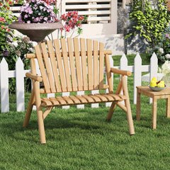 2-PersonLog Wood Patio Bench with Slatted Backrest Built-in Armrest and Curved Seat-Natural