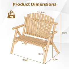 2-PersonLog Wood Patio Bench with Slatted Backrest Built-in Armrest and Curved Seat-Natural