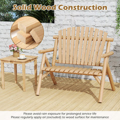 2-PersonLog Wood Patio Bench with Slatted Backrest Built-in Armrest and Curved Seat-Natural