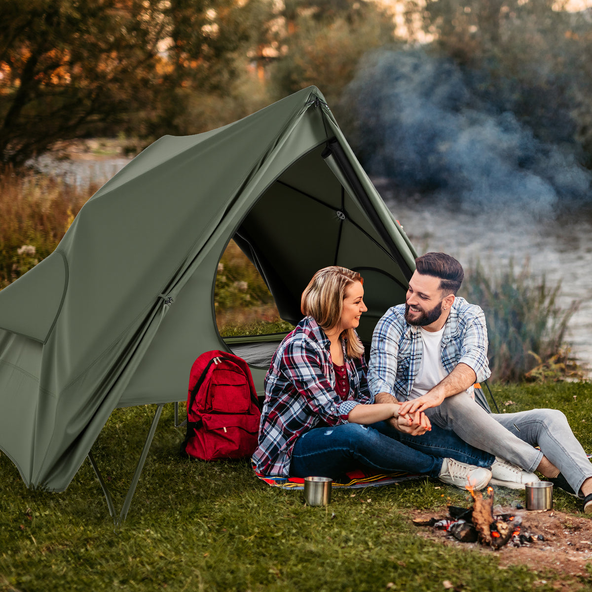 2-Person Foldable Off-Ground Camping Cot Tent with Wheeled Bag-Green