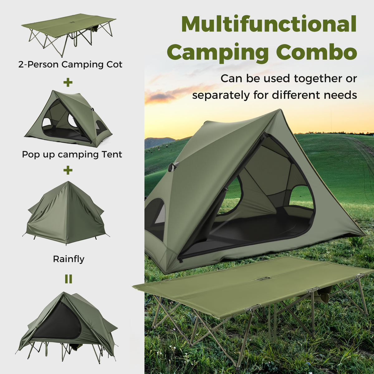 2-Person Foldable Off-Ground Camping Cot Tent with Wheeled Bag-Green