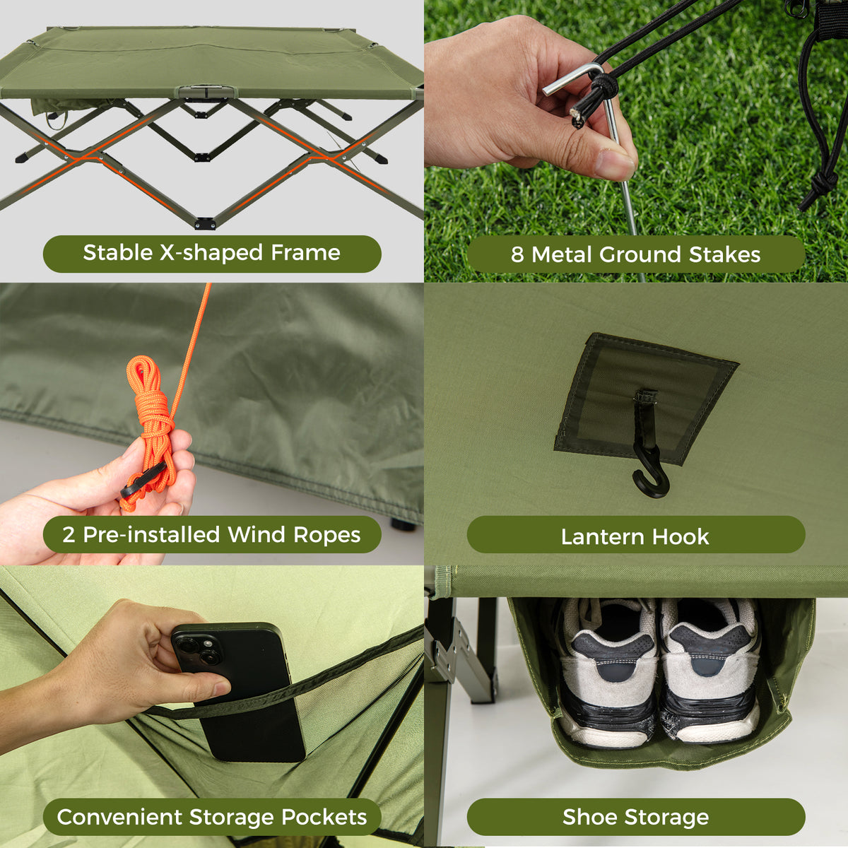 2-Person Foldable Off-Ground Camping Cot Tent with Wheeled Bag-Green