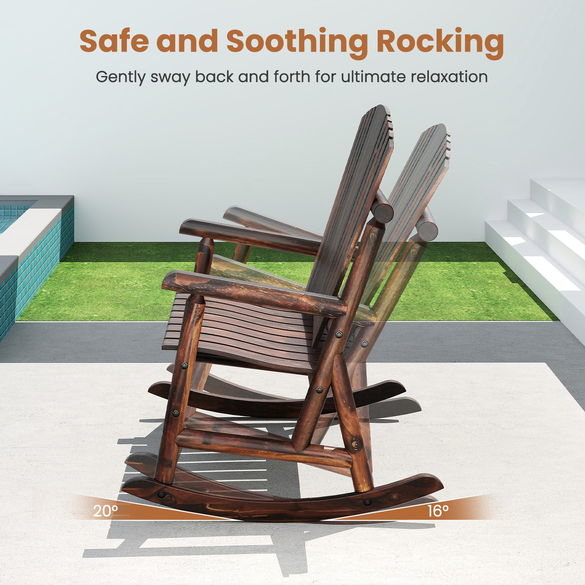 2-Person Outdoor Adirondack Rocking Chair with High Back and Slatted Seat-Brown