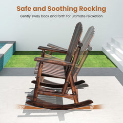 2-Person Outdoor Adirondack Rocking Chair with High Back and Slatted Seat-Brown