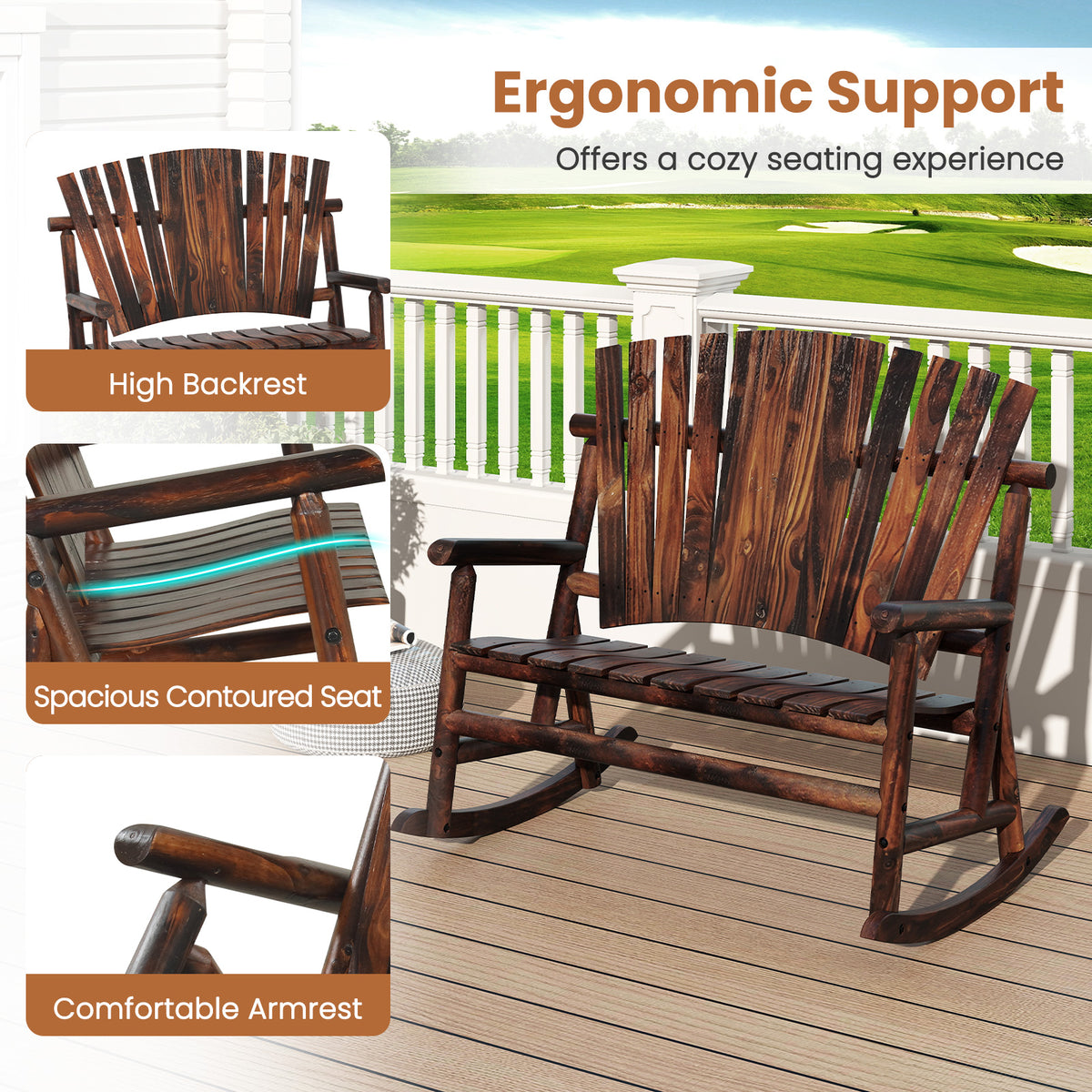 2-Person Outdoor Adirondack Rocking Chair with High Back and Slatted Seat-Brown