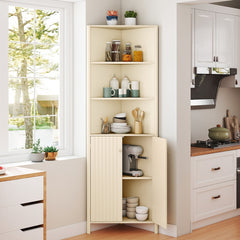 The corner cabinet filled with kitchenware and jars in a kitchen setting