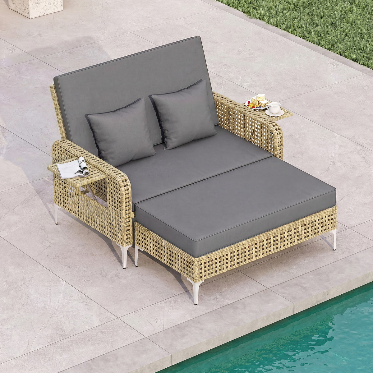 2-Piece Patio Daybed Set with Storage Ottoman-Grey