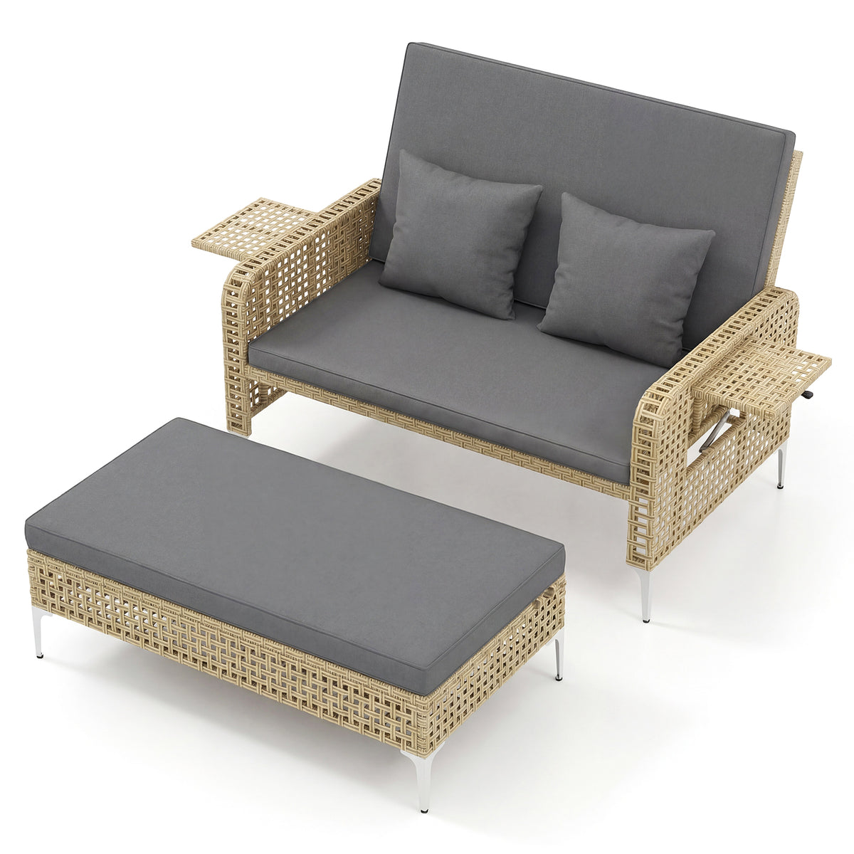 2-Piece Patio Daybed Set with Storage Ottoman-Grey