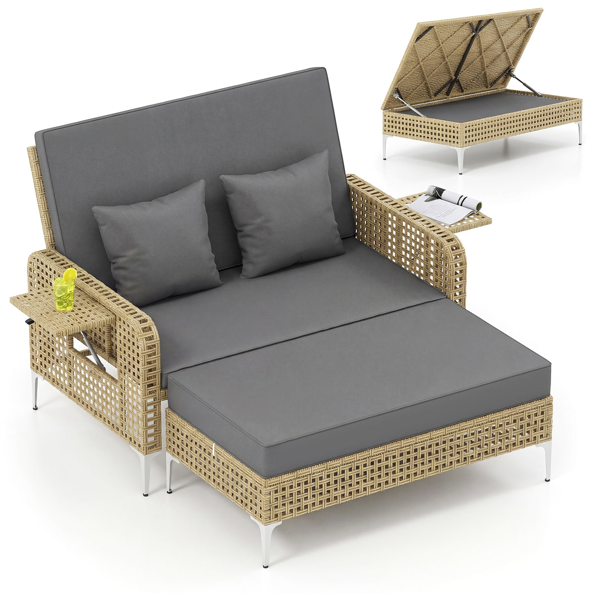 2-Piece Patio Daybed Set with Storage Ottoman-Grey