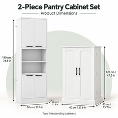 2-Piece White Kitchen Pantry Cabinet Set with Adjustable Shelves