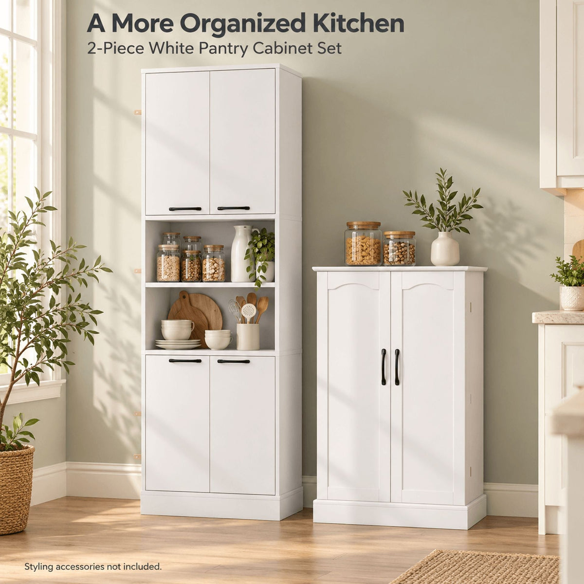 2-Piece White Kitchen Pantry Cabinet Set with Adjustable Shelves