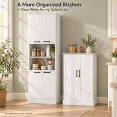 2-Piece White Kitchen Pantry Cabinet Set with Adjustable Shelves