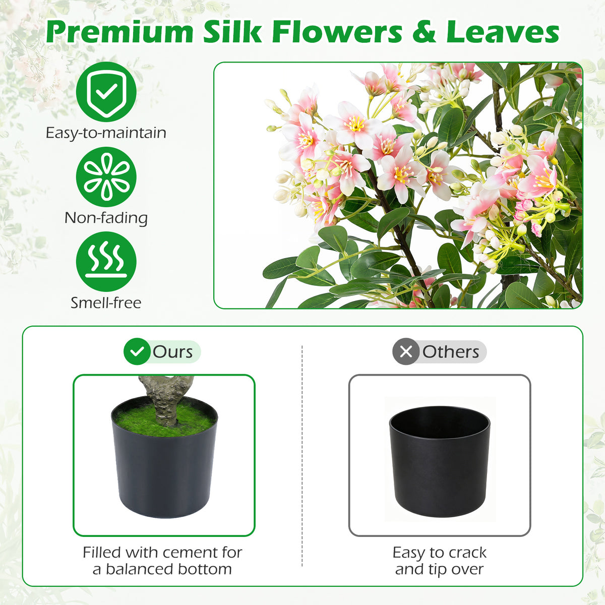 2 Pieces 90 CM Artificial Impatiens Blossom Tree Faux Pink Floral Plant in Cement-filled Pot-Pink