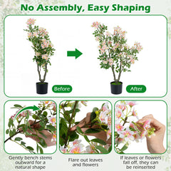 2 Pieces 90 CM Artificial Impatiens Blossom Tree Faux Pink Floral Plant in Cement-filled Pot-Pink