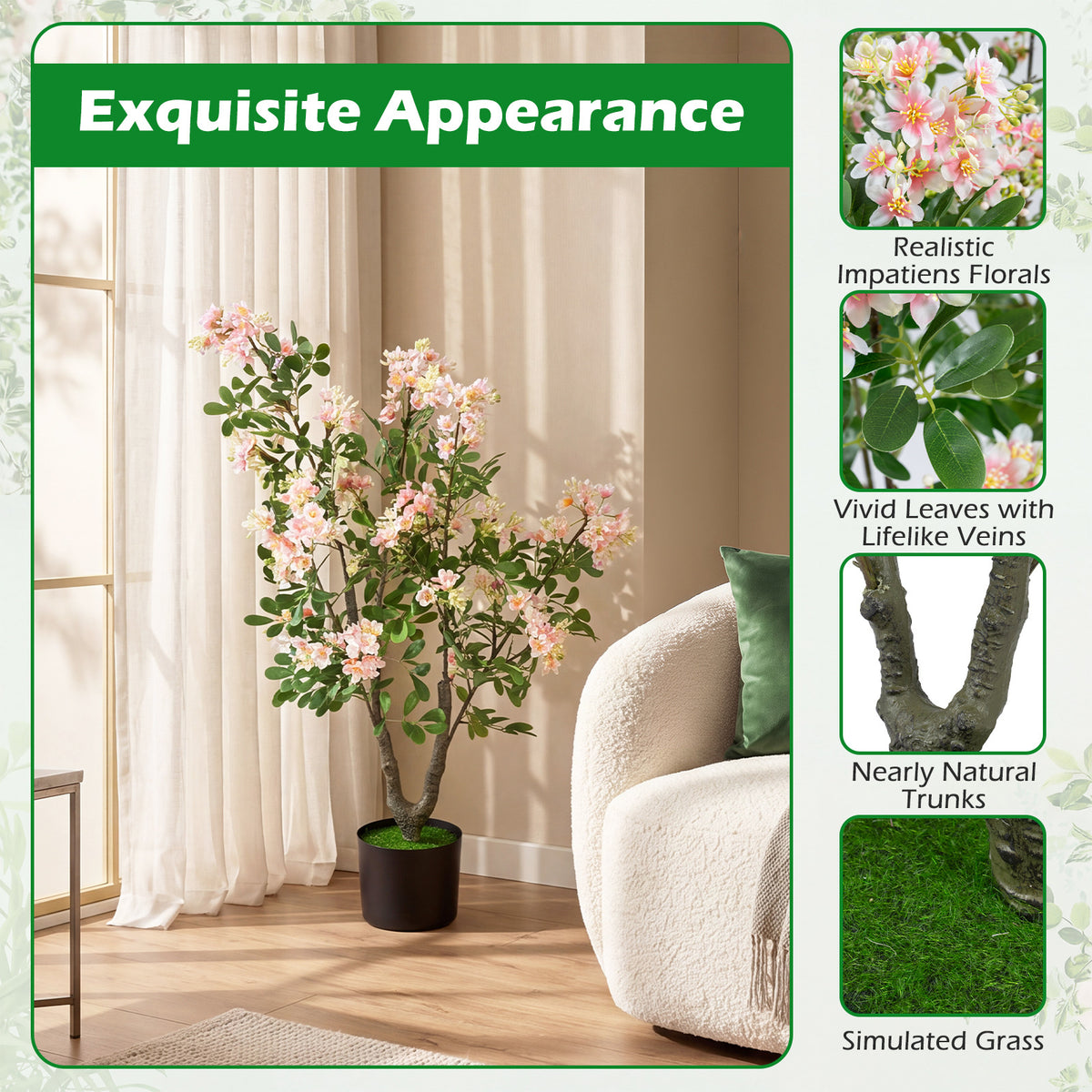 2 Pieces 90 CM Artificial Impatiens Blossom Tree Faux Pink Floral Plant in Cement-filled Pot-Pink