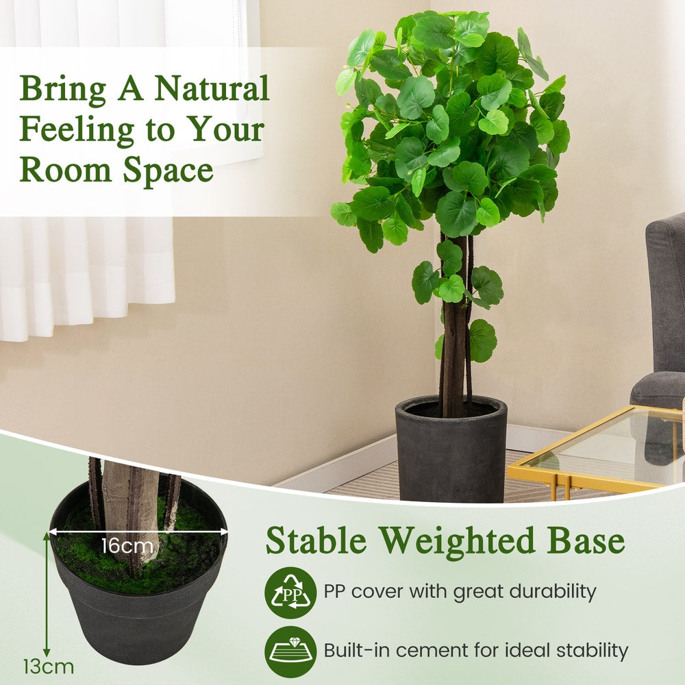 Artificial crabapple tree in a dark grey pot with text about its stable base