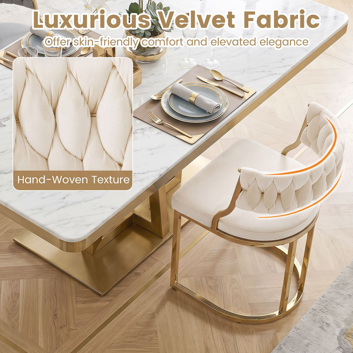 2 Pieces Velvet Dining Chairs with Curved Back and Metal Base-Beige