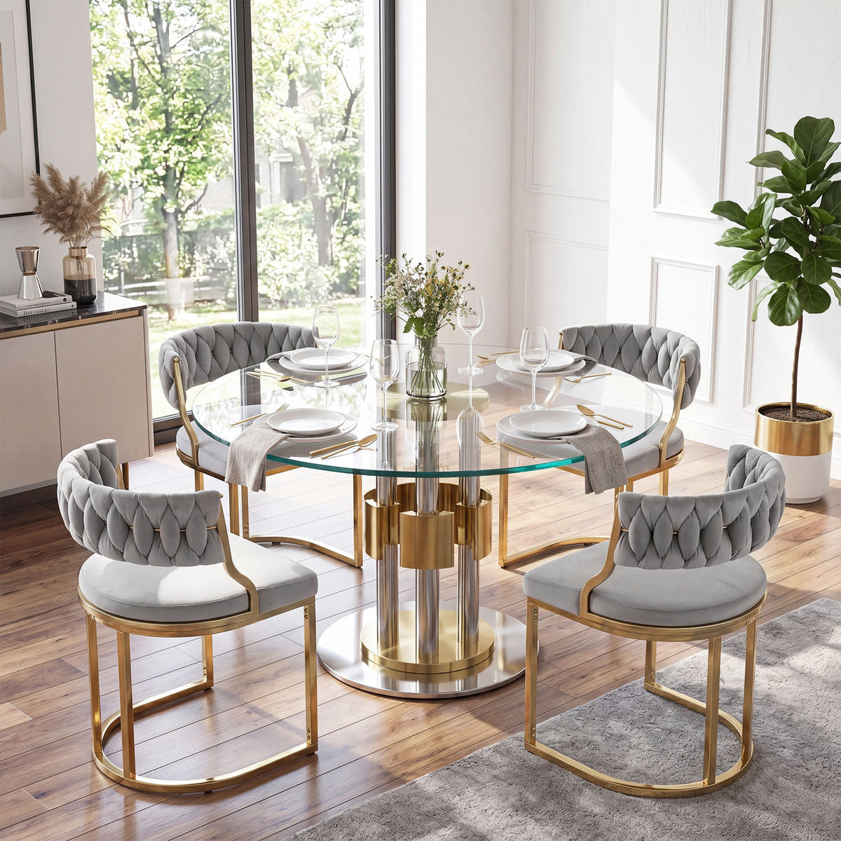 2 Pieces Velvet Dining Chairs with Curved Back and Metal Base-Grey