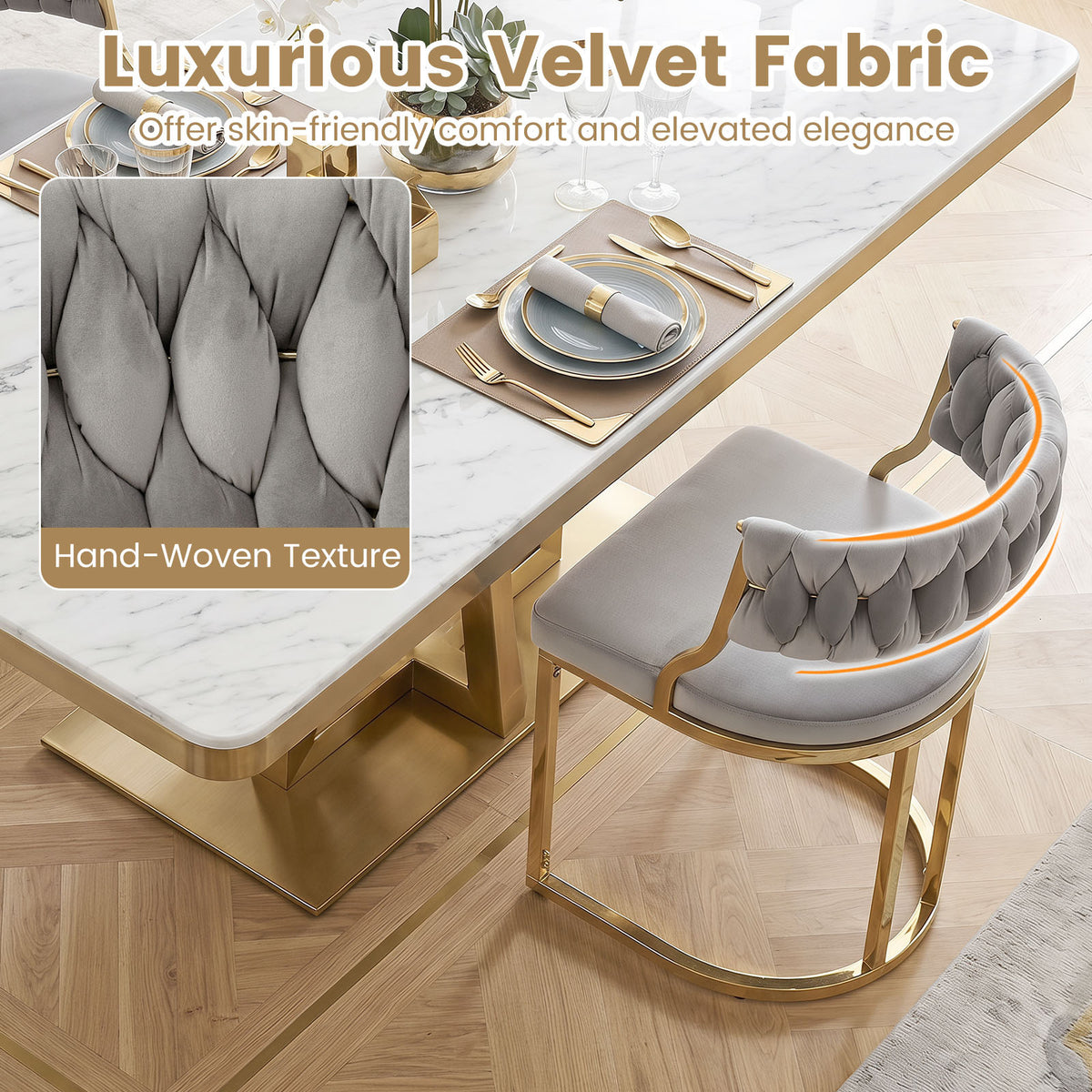 2 Pieces Velvet Dining Chairs with Curved Back and Metal Base-Grey