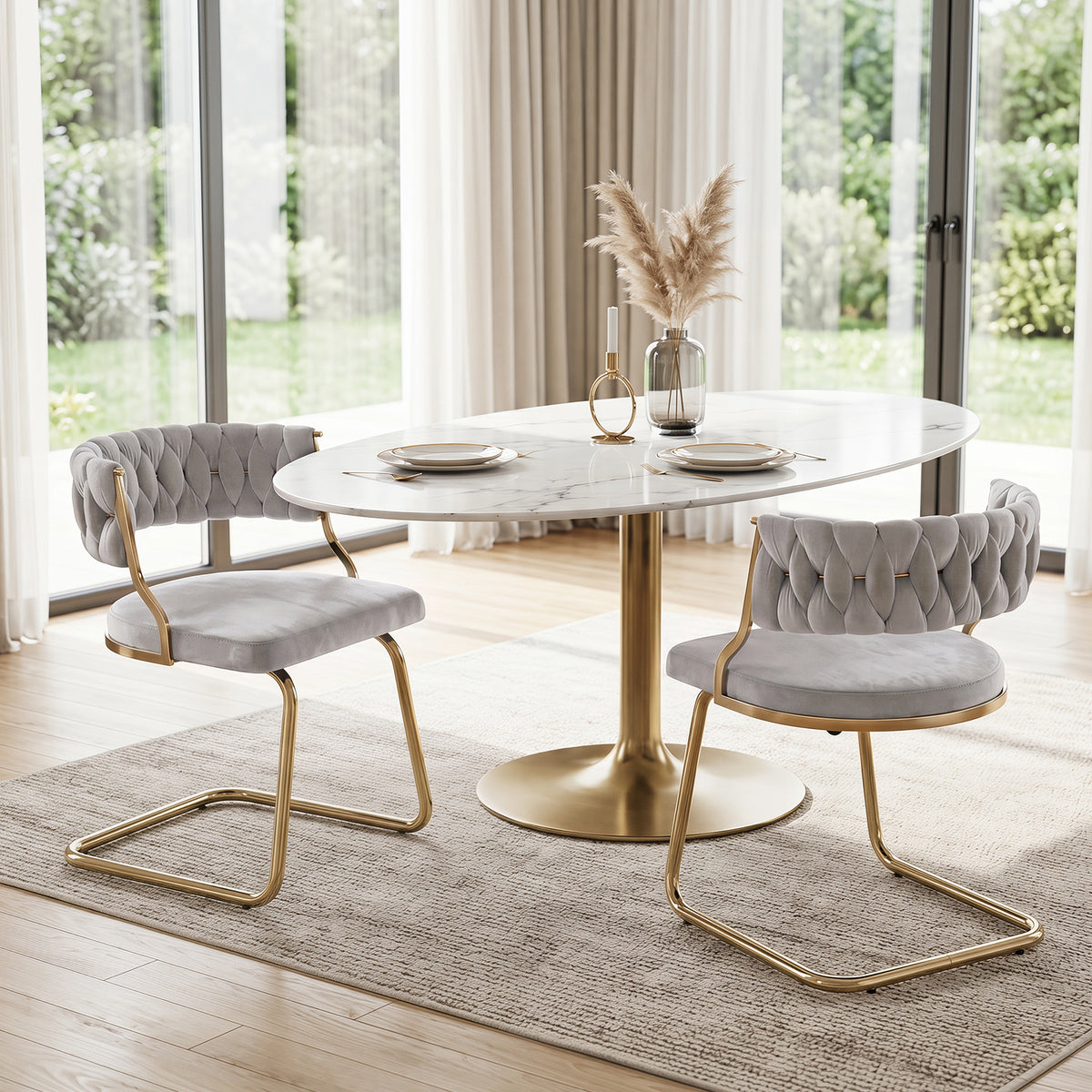 2 Pieces Velvet Dining Chairs with Curved Back and Sled Metal Base-Grey
