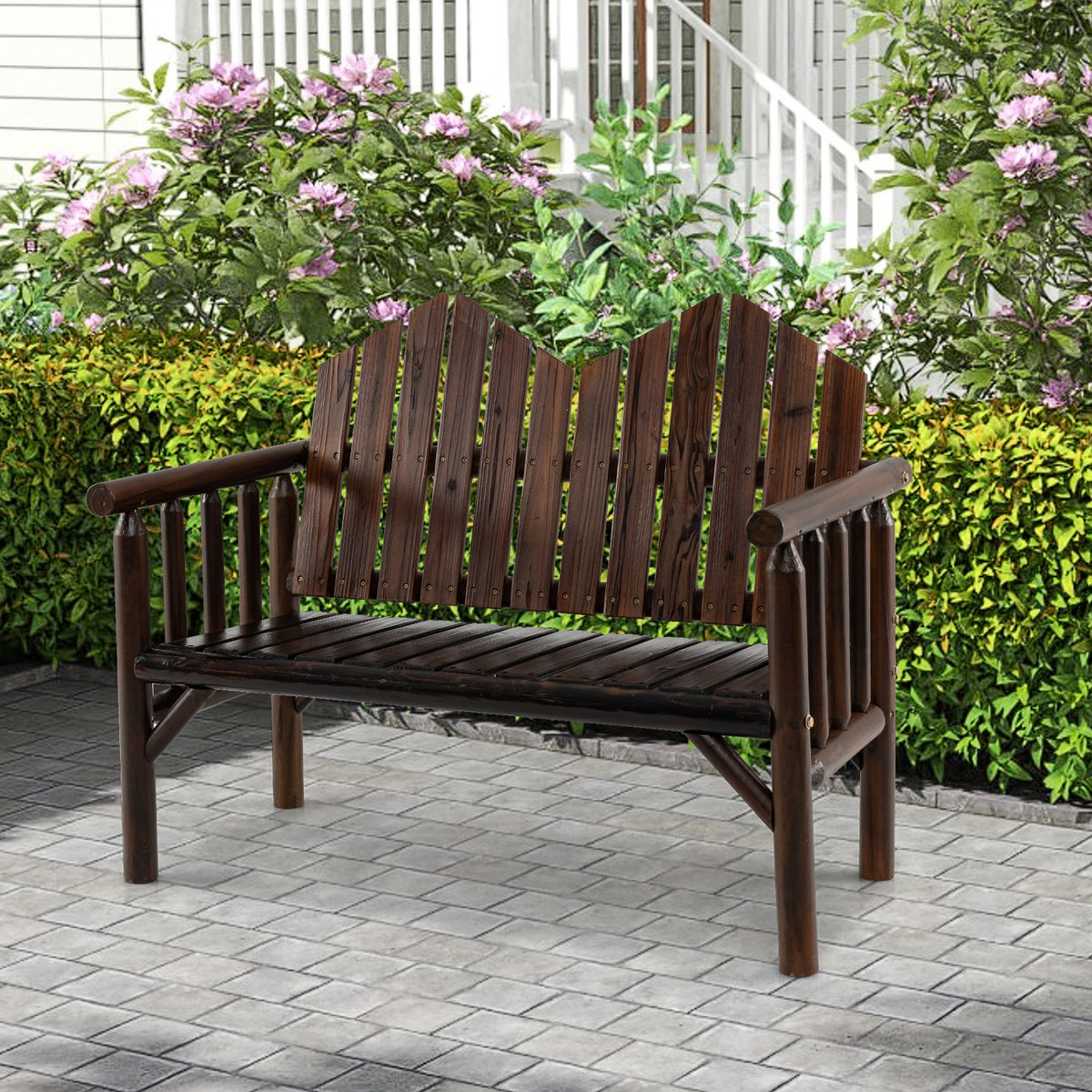 2-Seater Patio Bench Solid Wood Loveseat with Inclined Backrest and Armrests-Dark Brown