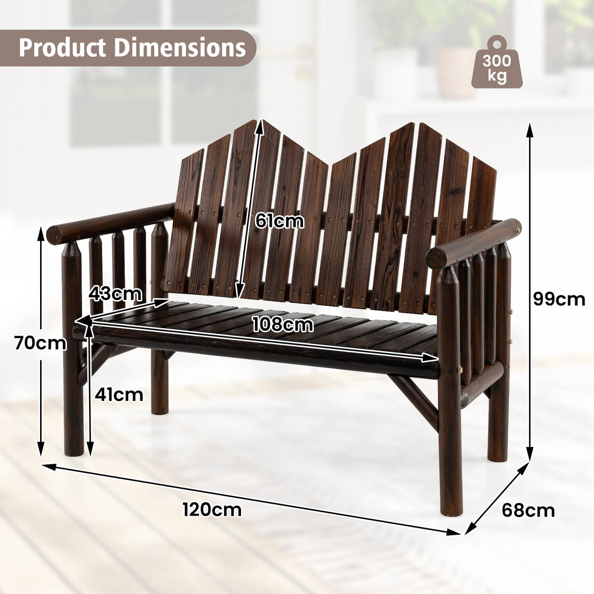 2-Seater Patio Bench Solid Wood Loveseat with Inclined Backrest and Armrests-Dark Brown