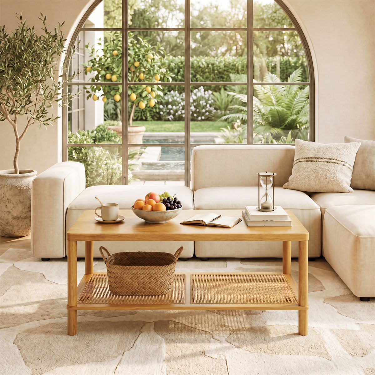 2-Tier Boho Coffee Table for Living Room Rectangular Center Table with Rubber Wood Frame-Natural