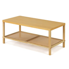 2-Tier Boho Coffee Table for Living Room Rectangular Center Table with Rubber Wood Frame-Natural
