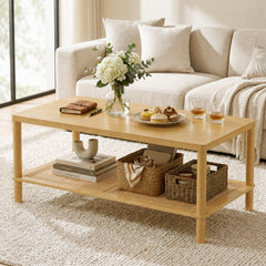 2-Tier Boho Coffee Table for Living Room Rectangular Center Table with Rubber Wood Frame-Natural