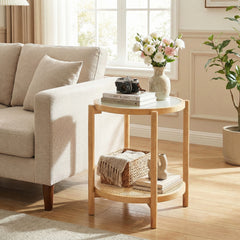 2-Tier Boho End Table with Tempered Glass Top for Living Room-Natural