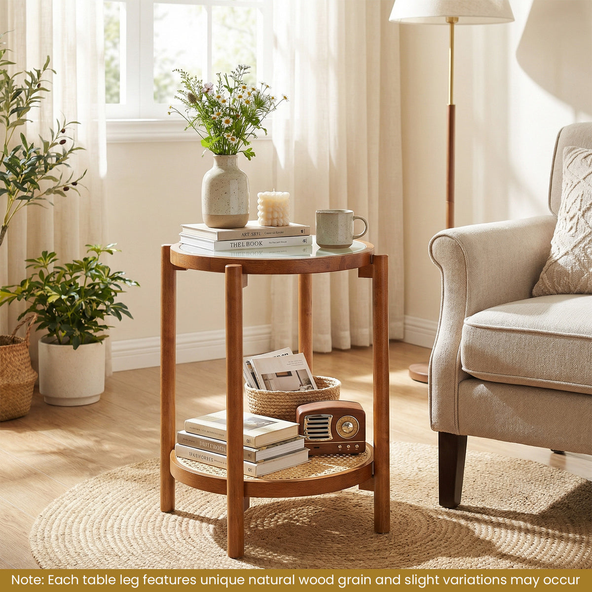 2-Tier Boho End Table with Tempered Glass Top for Living Room-Walnut